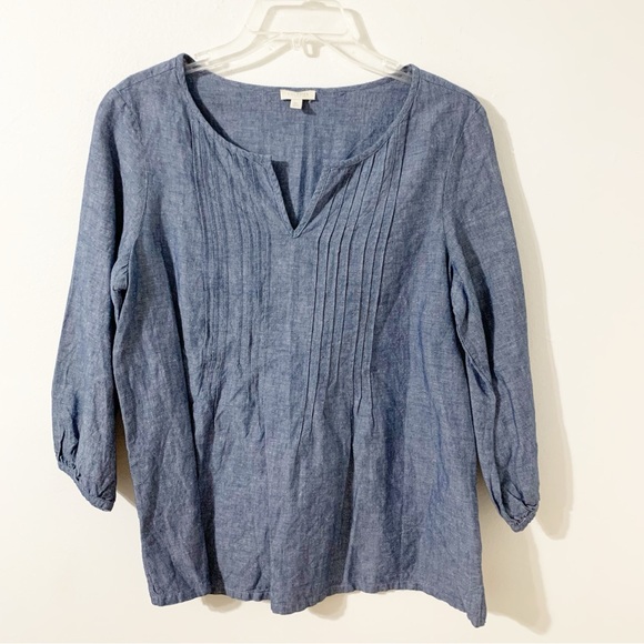 Talbots Petites Linen Blend Pin Tuck Bodice Round Neckline with V Peasant Blouse - Picture 1 of 11
